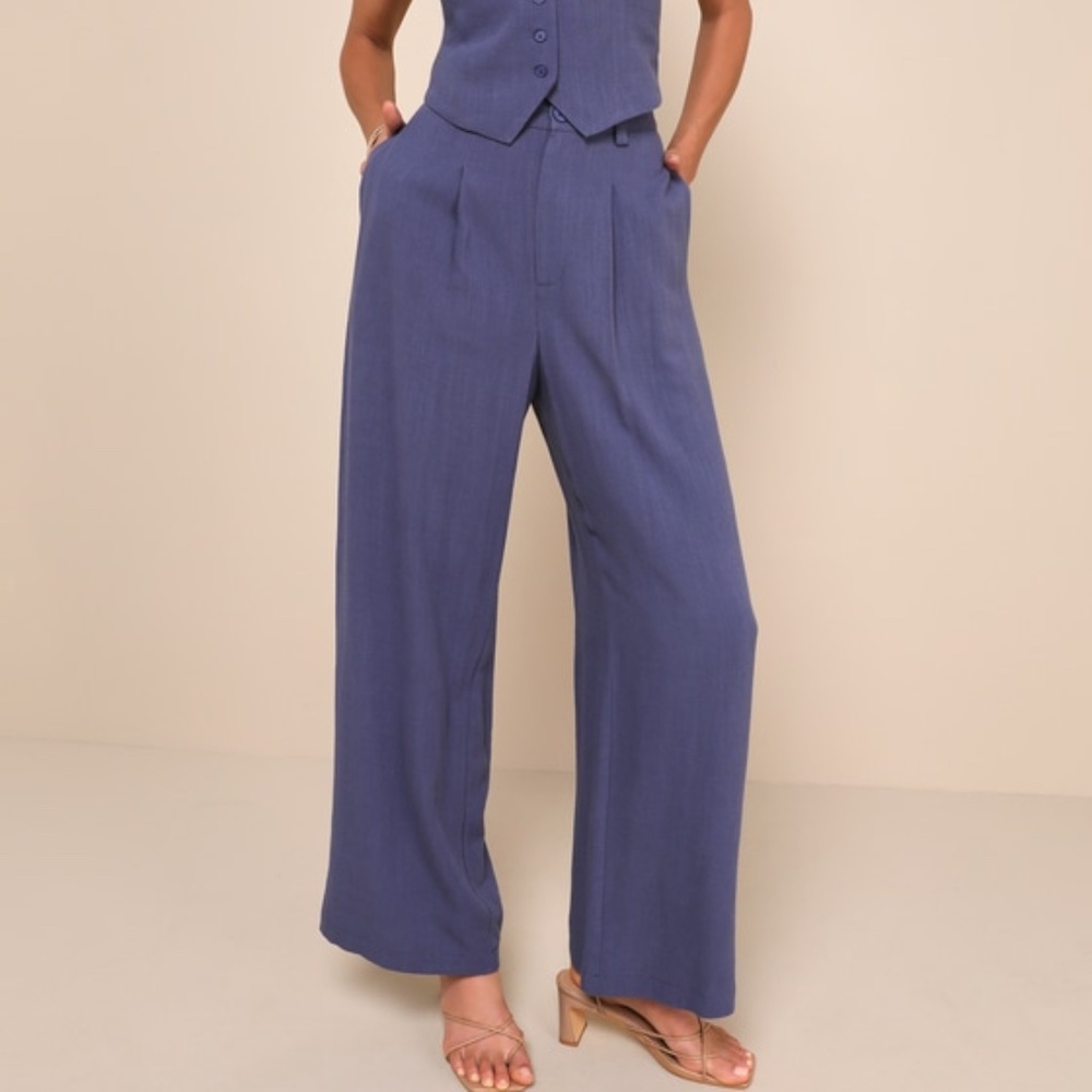 Lulus Suits You Perfectly Dark Blue Linen Wide-leg Pants - Size M - Picture 1 of 1